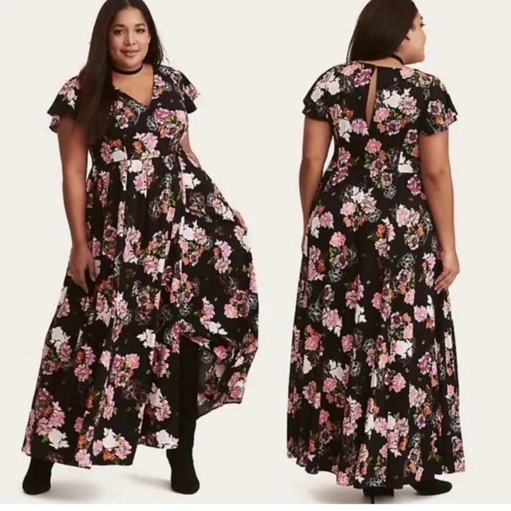 Long black dress with purple flowers